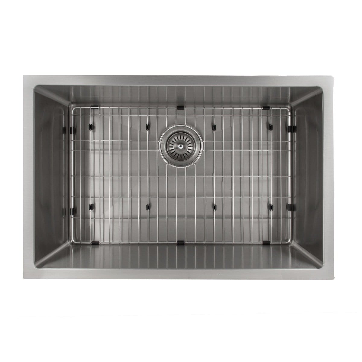 ZLINE Meribel 27" Undermount Single Bowl Sink in Stainless Steel (SRS-27) top view with grid and drain.