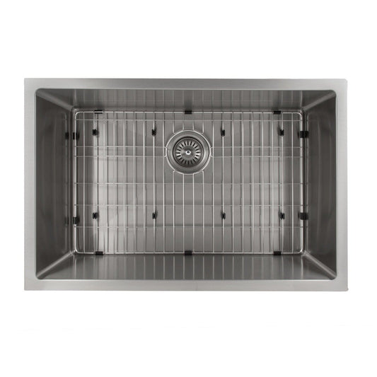 ZLINE Meribel 27" Undermount Single Bowl Sink in Stainless Steel (SRS-27) top view with grid and drain.