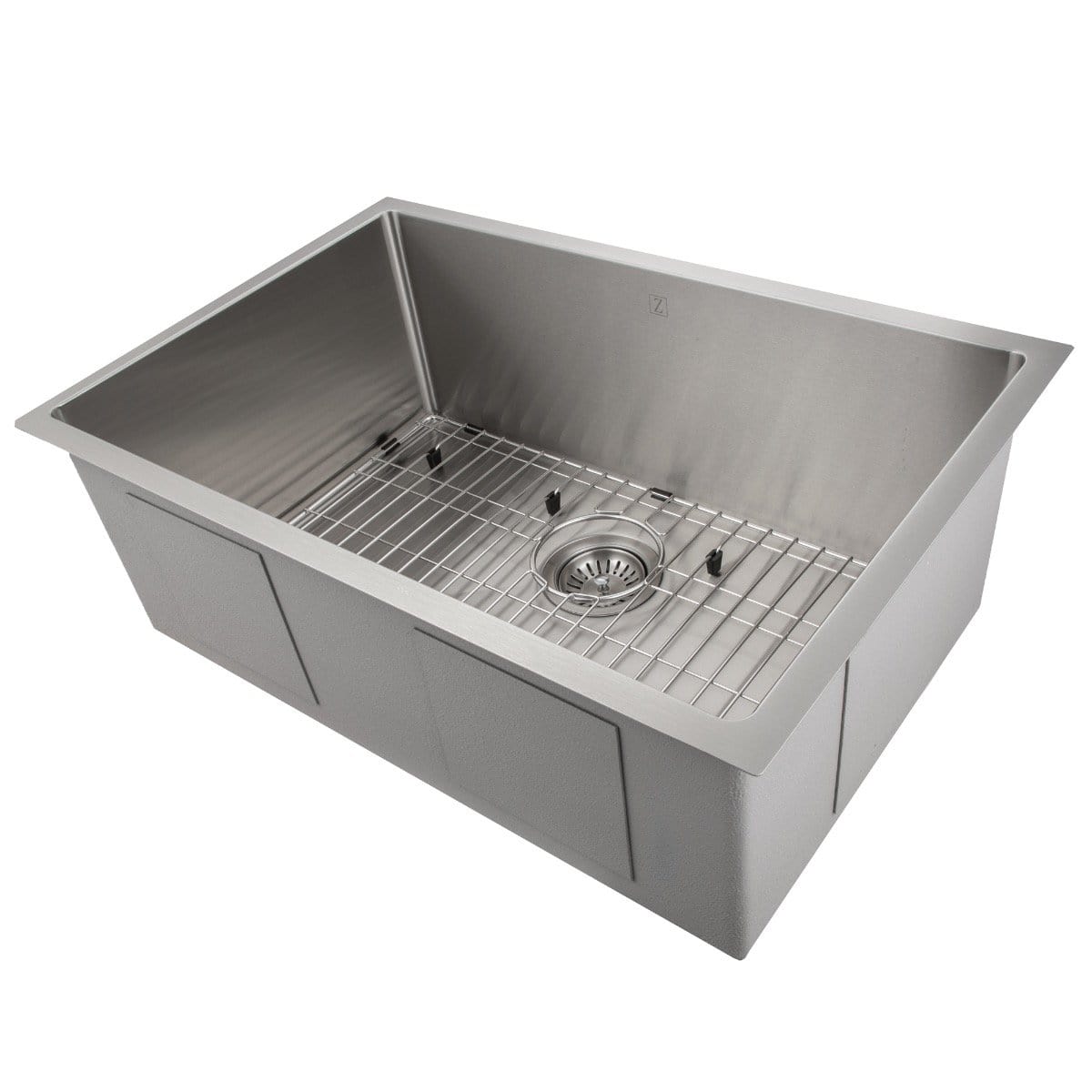 ZLINE Meribel 30" Undermount Single Bowl Sink in Stainless Steel (SRS-30) with grid and drain.