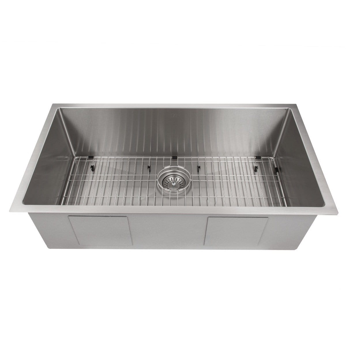 ZLINE Meribel 36" Undermount Single Bowl Sink in Stainless Steel (SRS-36) with grid and drain.