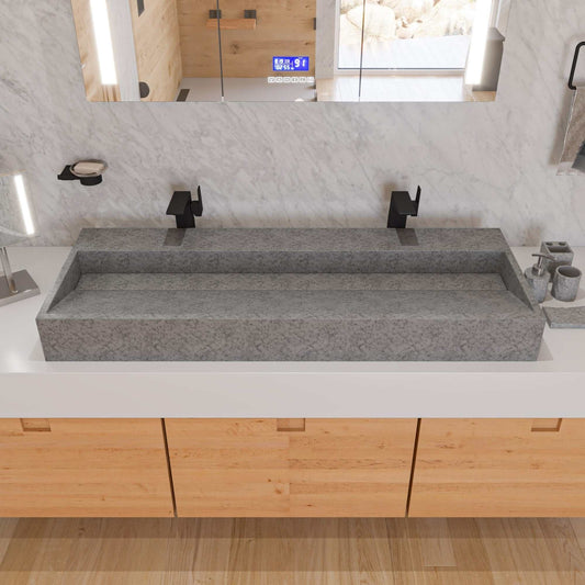 ALFI 48" Concrete Gray Matte Trough Bathroom Sink on modern countertop with wood cabinetry.
