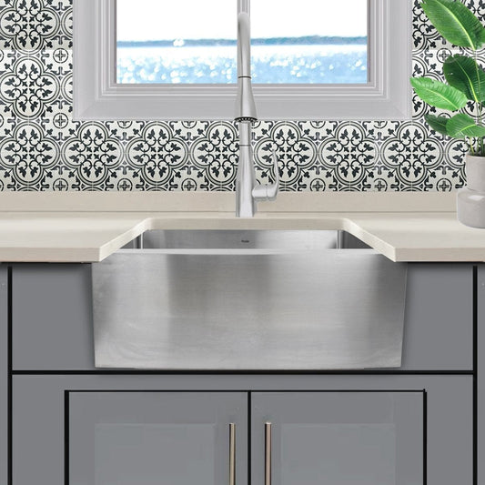 Nantucket 24" Pro Series Single Bowl Farmhouse Apron Front Stainless Steel Kitchen Sink - APRON2420-SR-16 viewed from the side in modern kitchen.