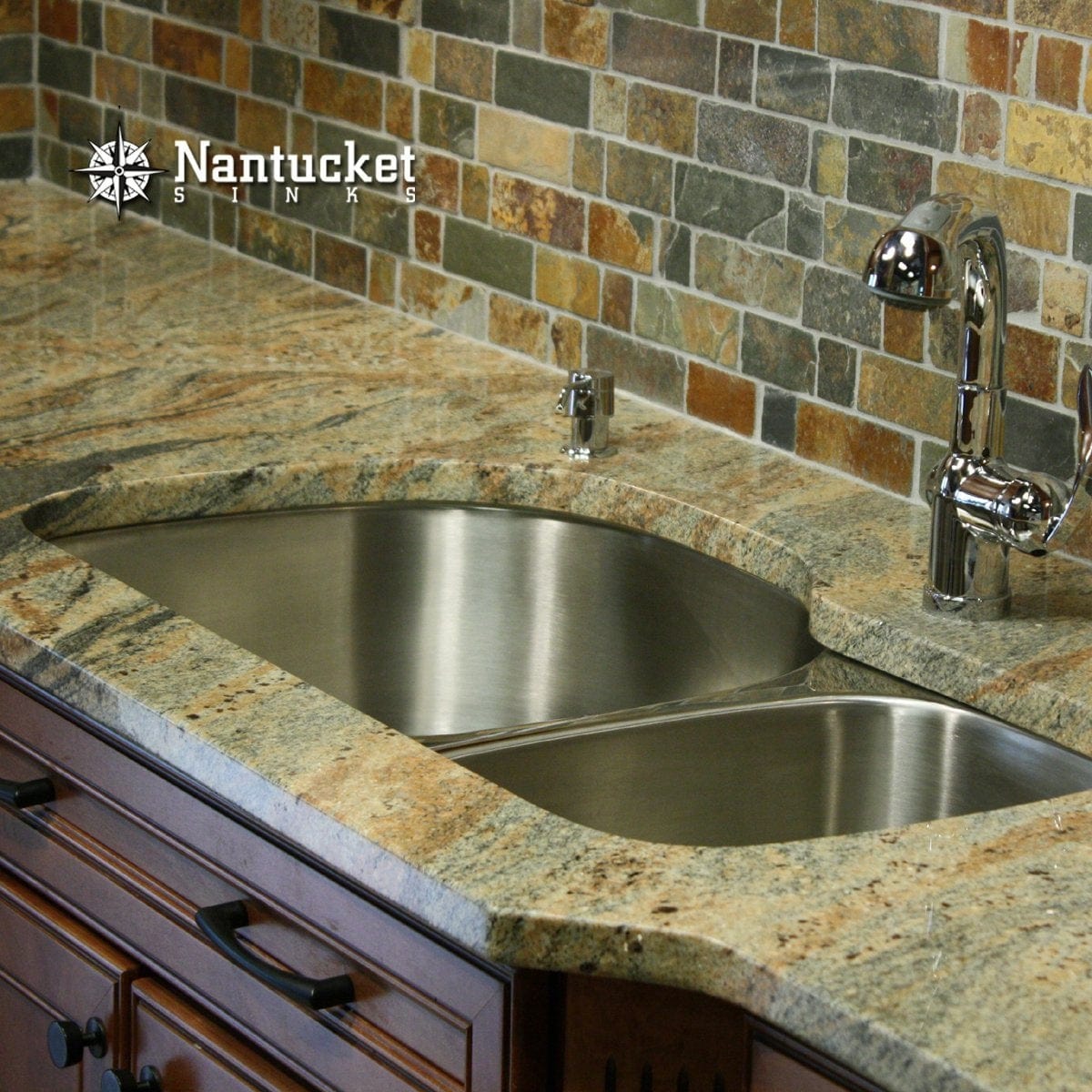 Nantucket 31.5" 70/30 Double Bowl Undermount Stainless Steel Kitchen Sink, 16 Gauge - NS3121-16 front view on granite countertop