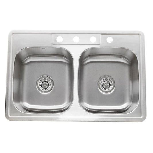 Nantucket 33" Double Bowl Equal Self Rimming Stainless Steel Drop In Kitchen Sink, 18 Gauge - NS3322-DE-9