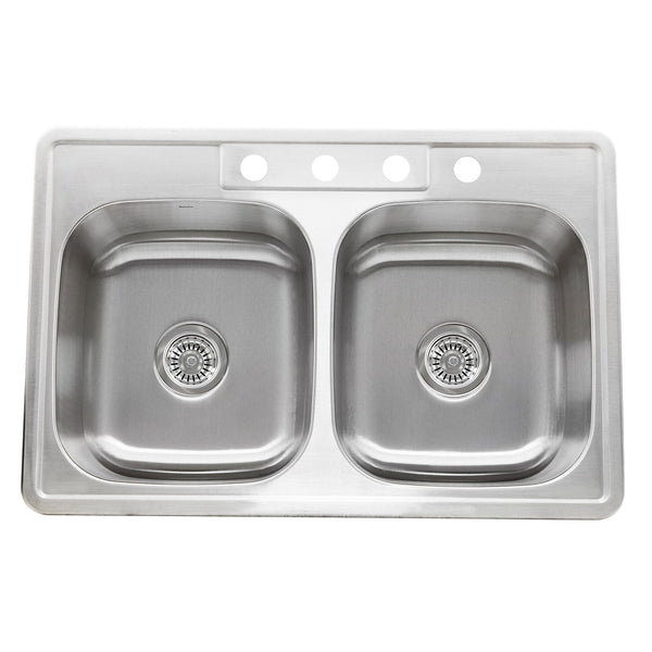 Nantucket 33 Double Bowl Equal Self Rimming Stainless Steel Drop In Kitchen Sink, 18 Gauge - NS3322-DE-9