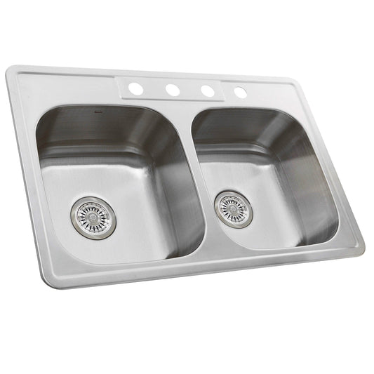 Nantucket 33" Double Bowl Equal Self Rimming Stainless Steel Drop In Kitchen Sink, 18 Gauge - NS3322-DE-9