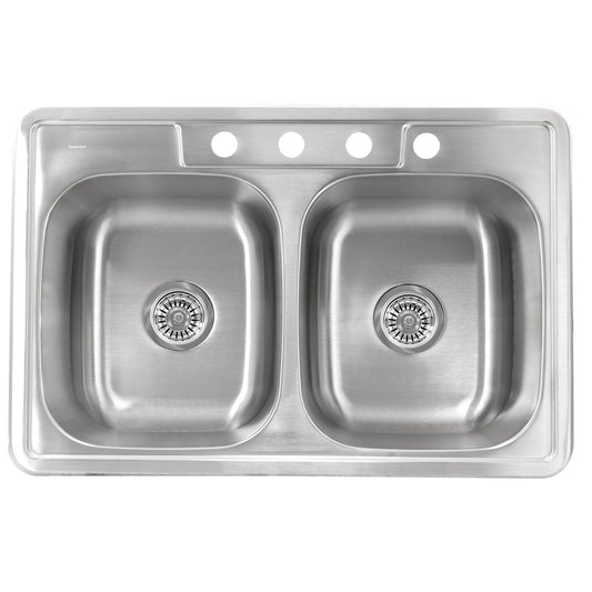 Nantucket 33" Large Rectangle Double Bowl Equal Self Rimming Stainless Steel Drop In Kitchen Sink, 20 Gauge - NS3322-20-DE