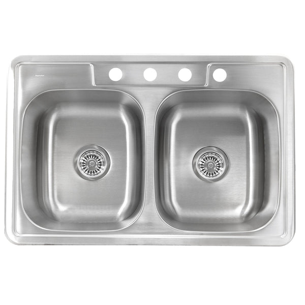 Nantucket 33 Large Rectangle Double Bowl Equal Self Rimming Stainless Steel Drop In Kitchen Sink, 20 Gauge - NS3322-20-DE