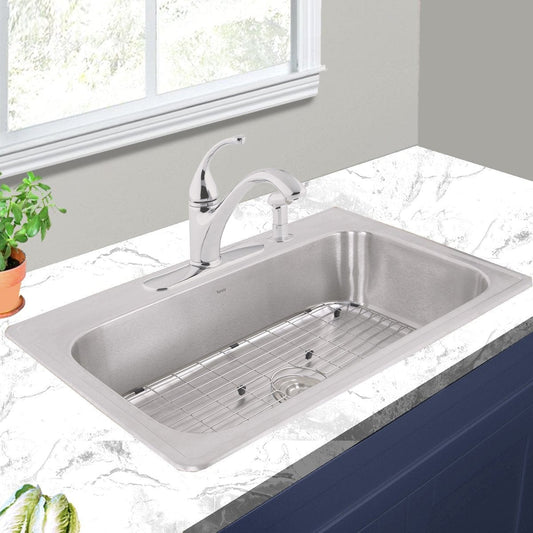 Nantucket 33" Large Rectangle Single Bowl 18 Gauge Stainless Steel Drop In Kitchen Sink - NS3322-8 displayed on a marble countertop.