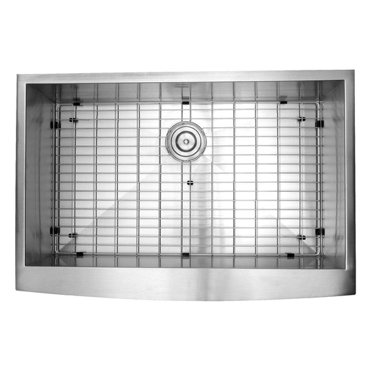 Top view of Nantucket 33" Pro Series Single Bowl Farmhouse Apron Front Stainless Steel Kitchen Sink - APRON332010-16 with grid.