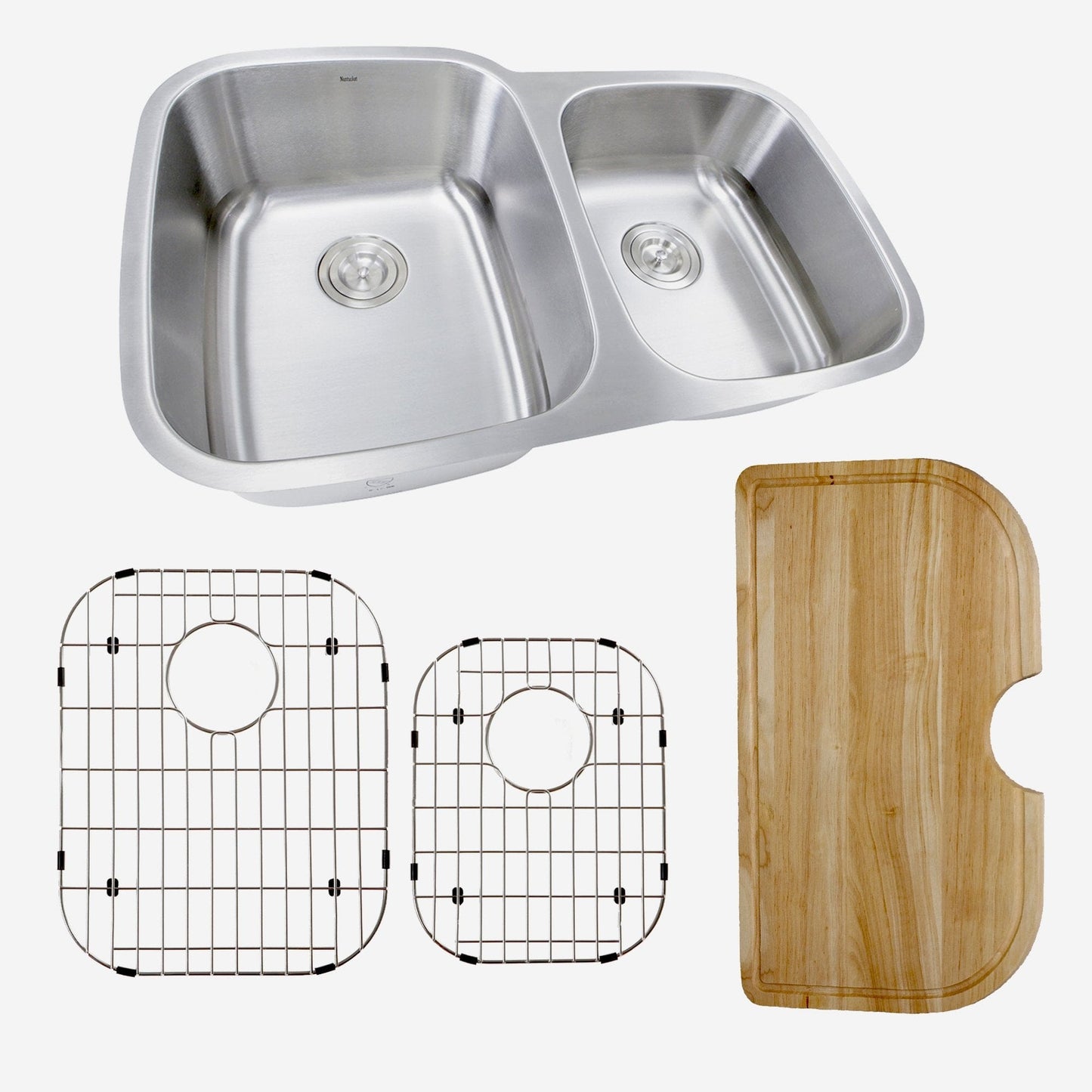 Nantucket 60/40 Double Bowl 16 Gauge Kitchen Sink with Cutting Board, Grids and Colander Drains - NS503-16-CB