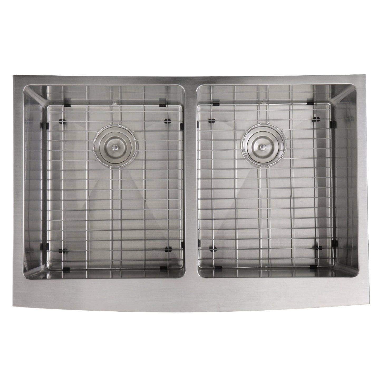 Nantucket 33" Double Bowl Farmhouse Apron Front Stainless Steel Kitchen Sink - APRON332210-DBL-SR, top view with dual basins and grid racks.