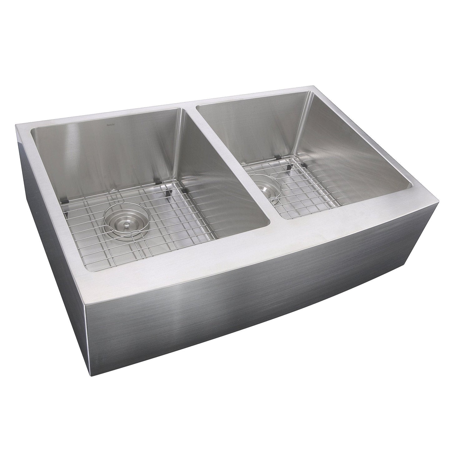 Nantucket 33" Double Bowl Farmhouse Apron Front Stainless Steel Kitchen Sink - APRON332210-DBL-SR, angled view with dual basins.