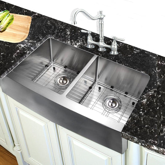 Nantucket 33" Double Bowl Farmhouse Apron Front Stainless Steel Kitchen Sink - APRON332210-DBL-SR viewed from above with quartz countertop.