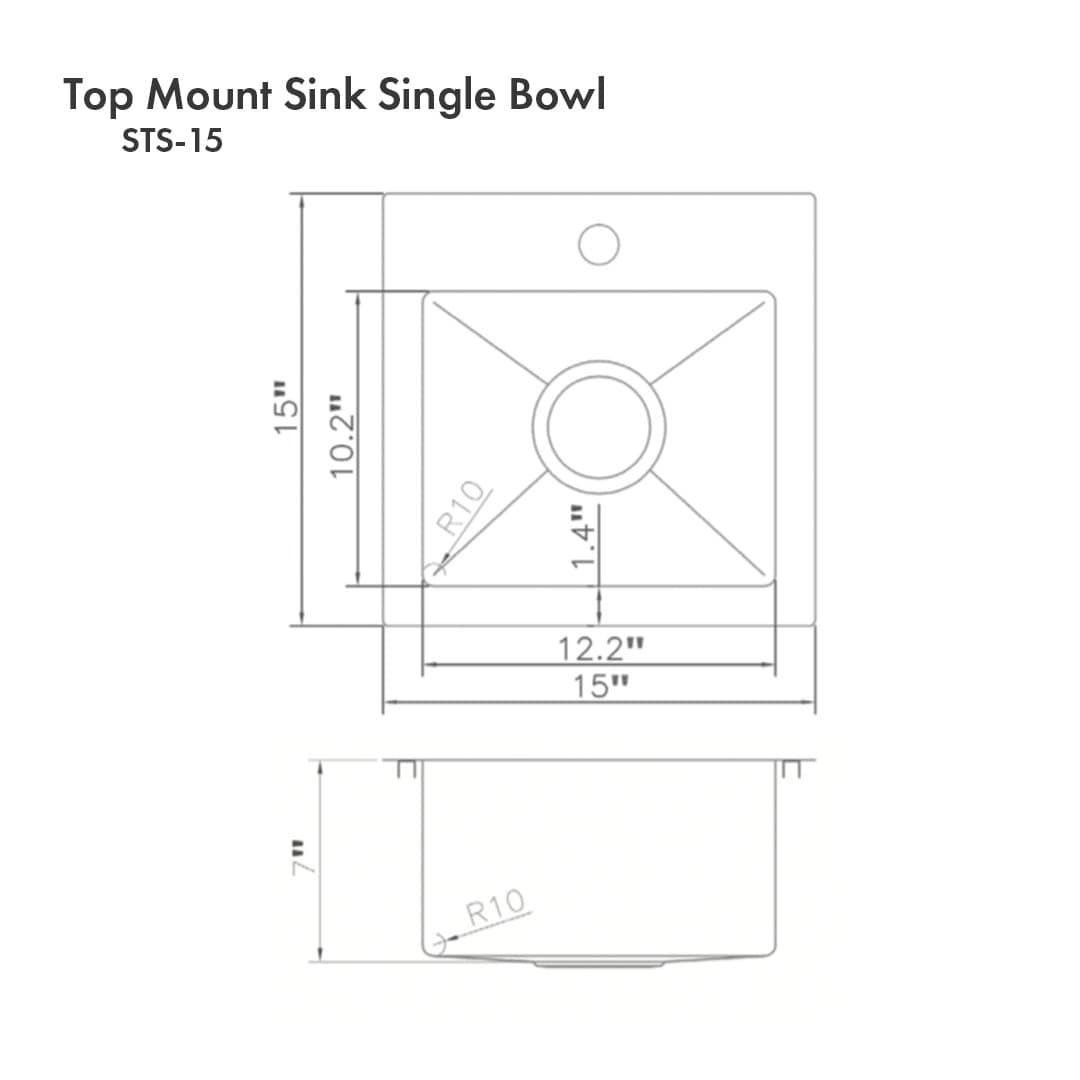 ZLINE Donner 15" Topmount Single Bowl Bar Sink in Stainless Steel (STS-15) technical dimensions drawing.