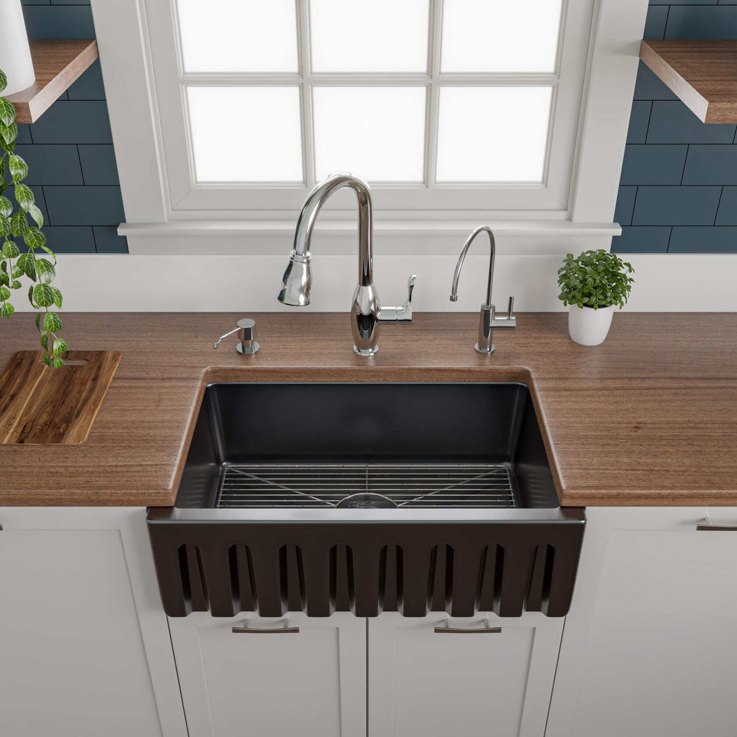 ALFI 30" Black Gloss Reversible Fireclay Farmhouse Sink installed in a modern kitchen with wood countertops.