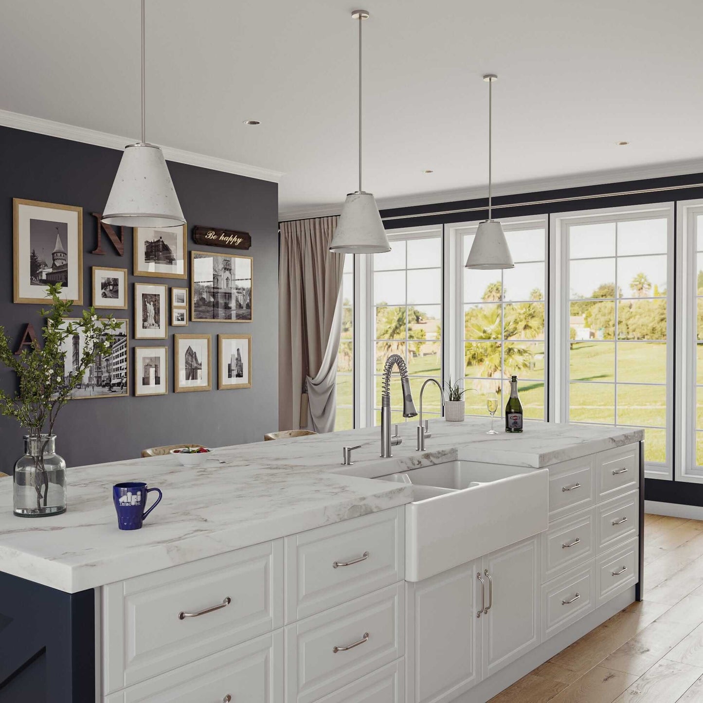 ALFI 39" White Smooth Apron Thick Wall Fireclay Double Bowl Farm Sink AB3918DB-W in a modern kitchen setting.