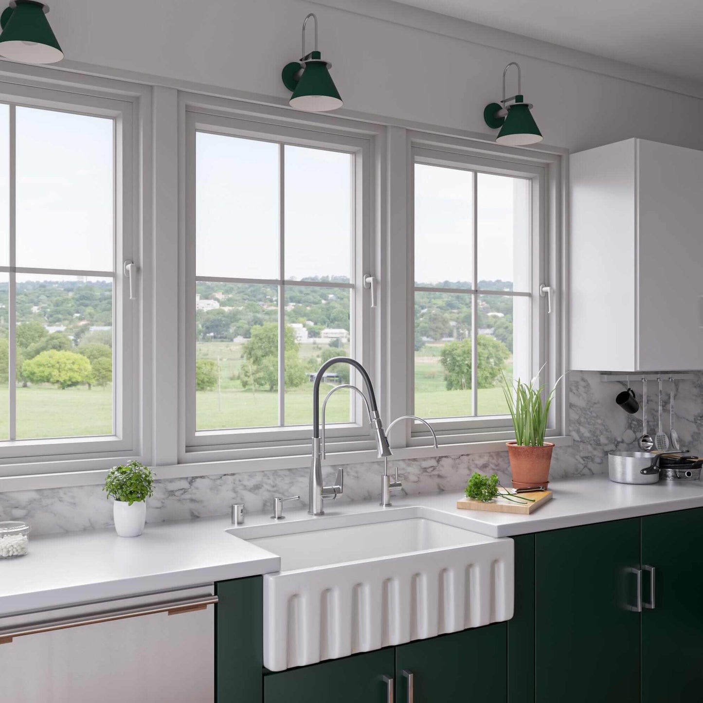 ALFI 33" Reversible Fluted / Smooth Single Bowl Fireclay Farm Sink AB3318HS-W in modern kitchen setting with windows.