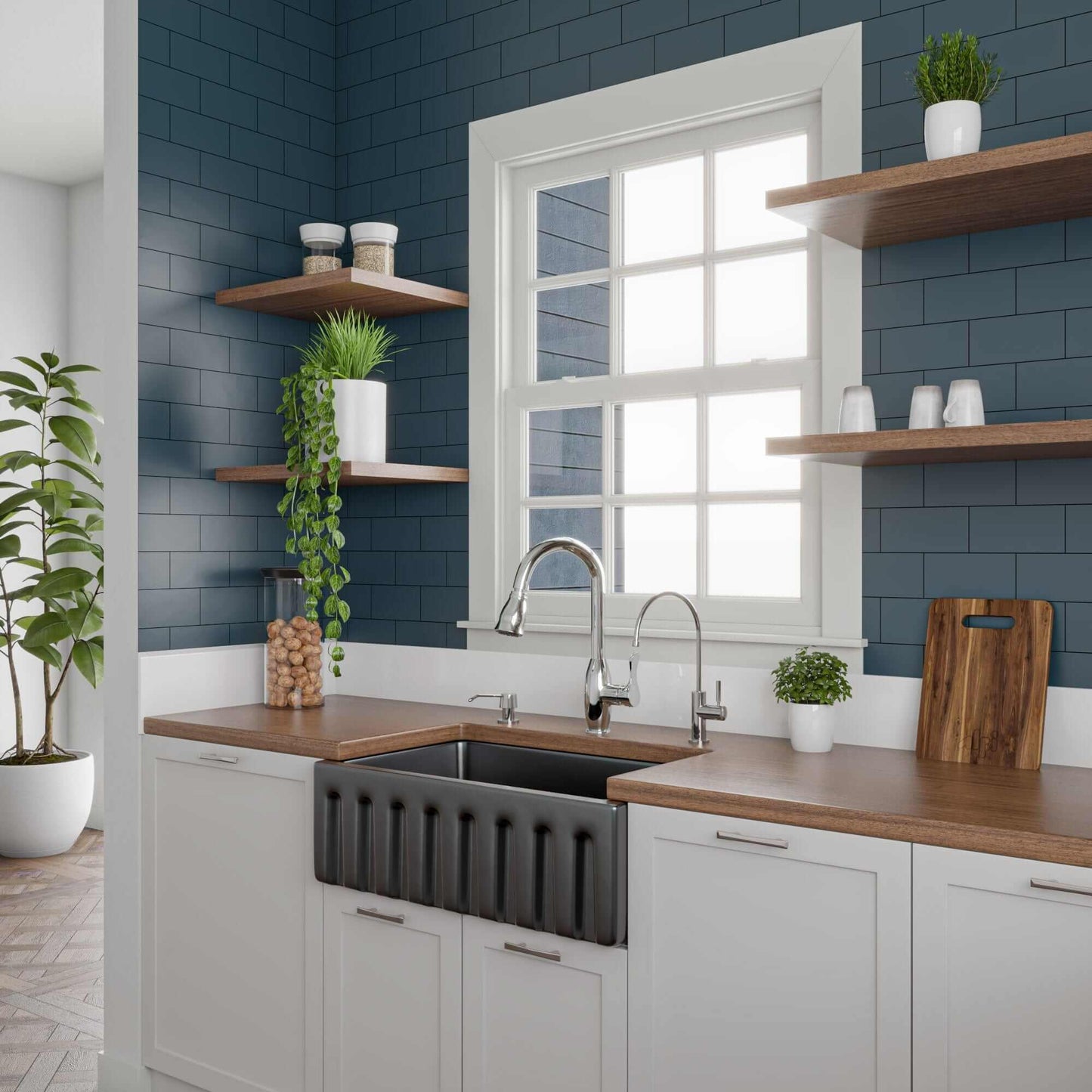 ALFI 30" Black Gloss Reversible Fireclay Farmhouse Sink in modern kitchen with dark green walls and wooden shelves.