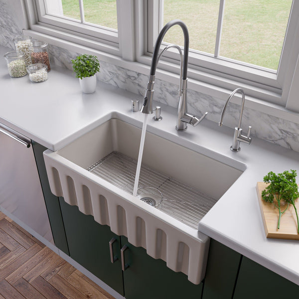 ALFI 33 Biscuit Reversible Fluted / Smooth Fireclay Farm Sink AB3318HS-B