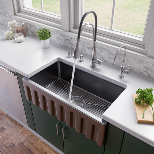 ALFI 33"  Black Gloss Reversible Fluted / Smooth Fireclay Farm Sink AB3318HS-BG with modern kitchen fixtures.
