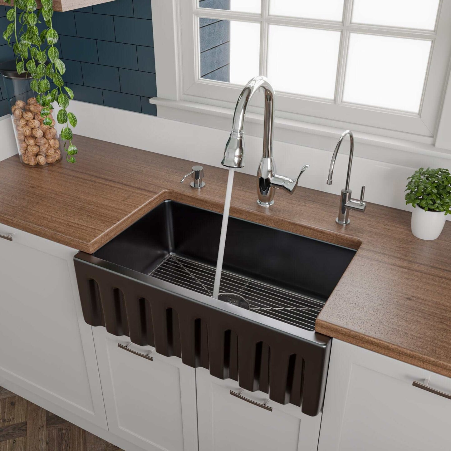 ALFI 30" Black Gloss Reversible Fireclay Farmhouse Sink with contemporary faucet in modern kitchen setting.