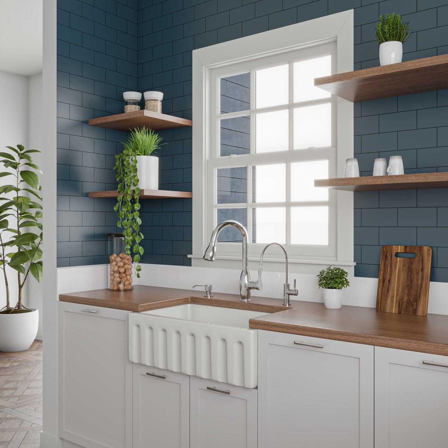 ALFI 30" White Reversible Fireclay Farmhouse Sink in a modern kitchen setting with dark blue tiles.