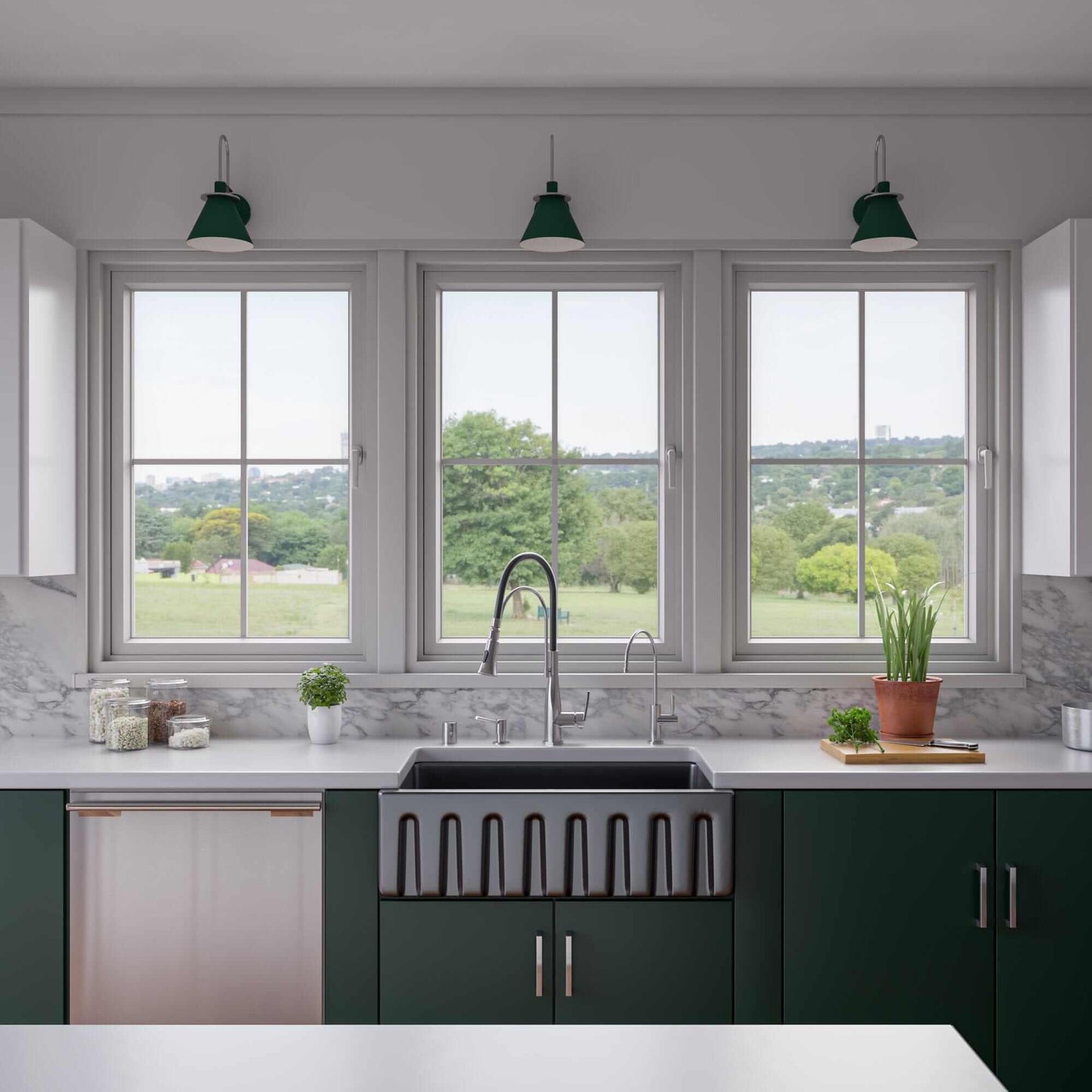 ALFI 33" Black Gloss Reversible Fluted / Smooth Fireclay Farm Sink AB3318HS-BG in modern kitchen with green accents.