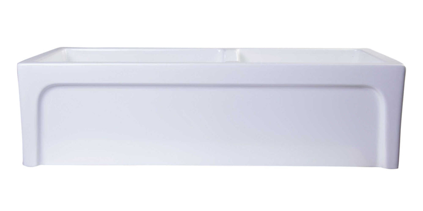 ALFI 36" White Arched Apron Thick Wall Fireclay Double Bowl Farm Sink AB3618ARCH-W showing the elegant arched design.