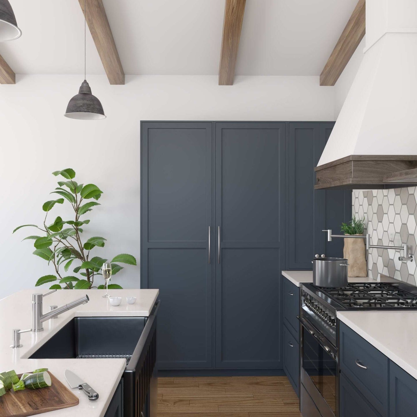 ALFI 36" Black Gloss Reversible Smooth / Fluted Single Bowl Fireclay Farm Sink AB3618HS-BG in modern kitchen with dark cabinetry.
