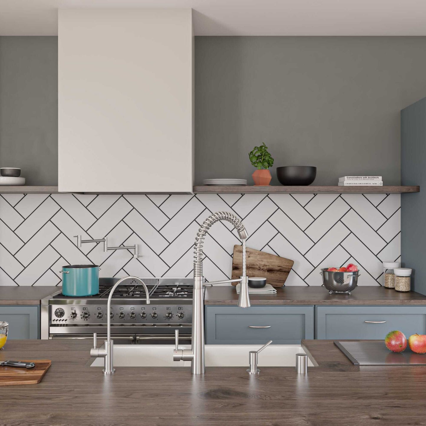 Modern kitchen featuring ALFI 36" White Smooth Apron Thick Wall Fireclay Double Bowl Farm Sink AB3618DB-W and stylish decor.