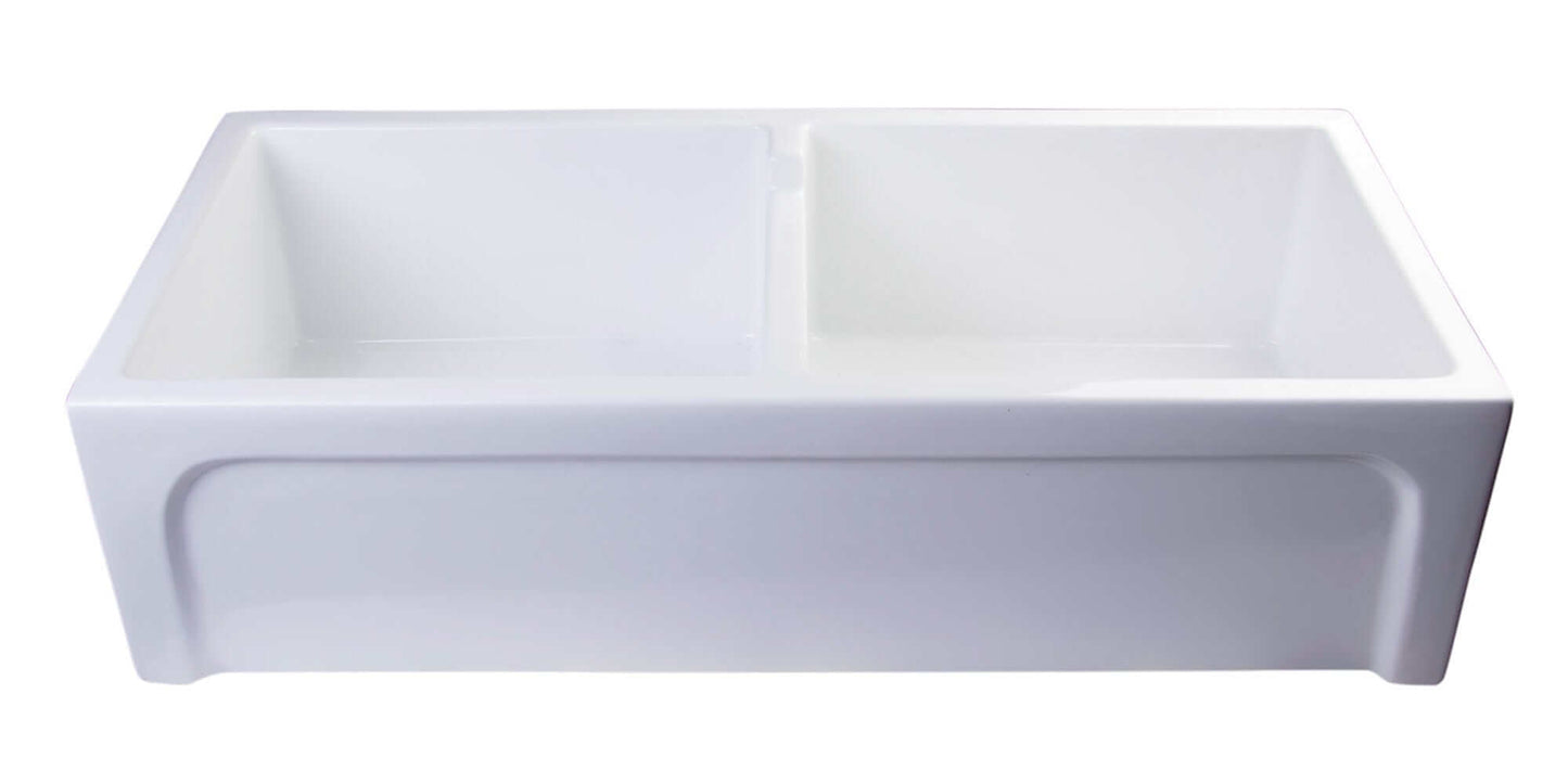 ALFI 39" Arched Thick Wall Fireclay Double Bowl Farm Sink AB3918ARCH-W in white with a distinctive design.