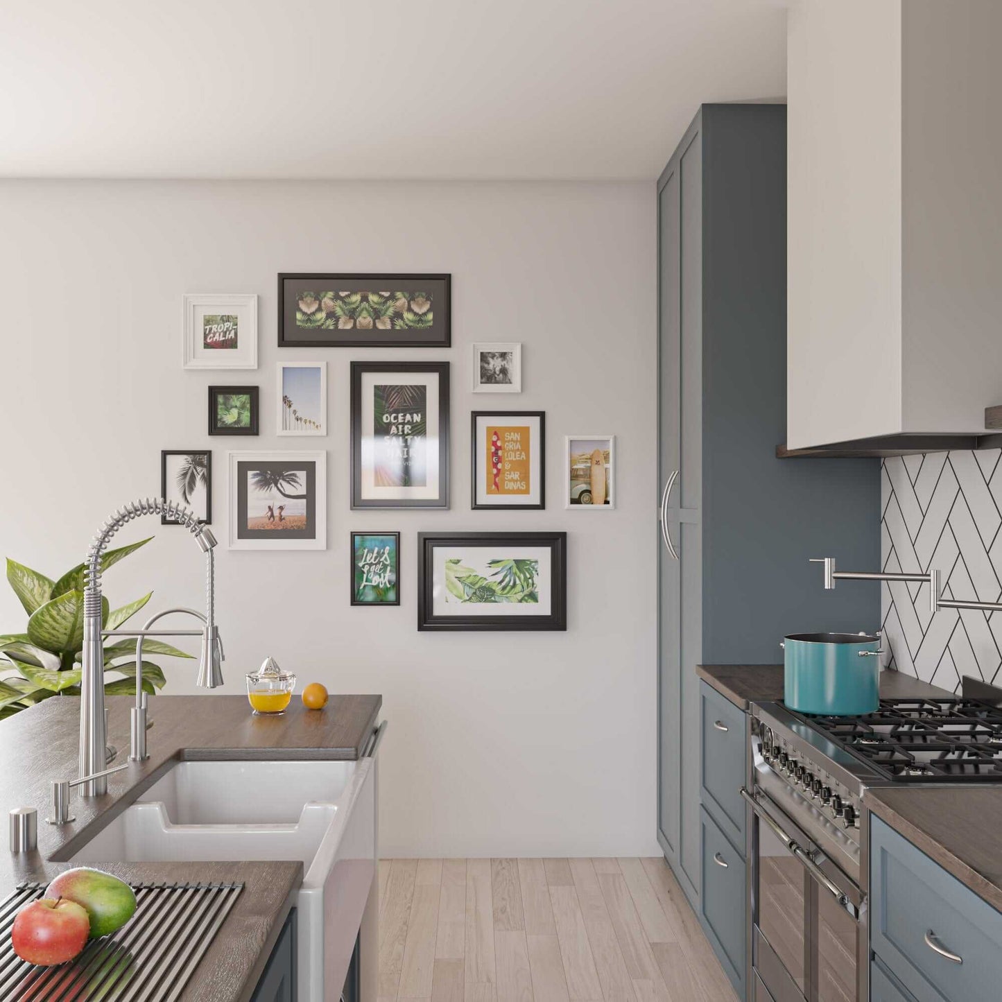 Modern kitchen featuring ALFI 36" White Smooth Apron Thick Wall Fireclay Double Bowl Farm Sink AB3618DB-W with decorative wall art.