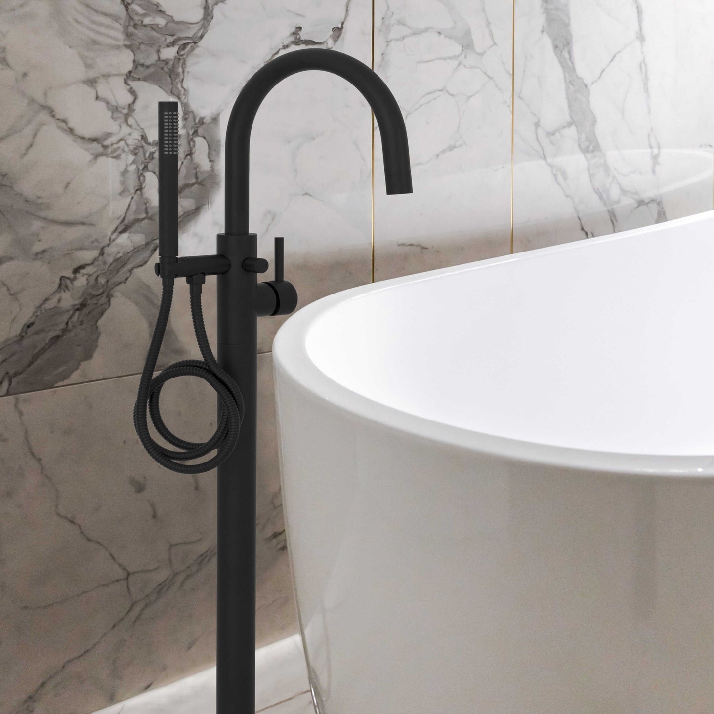 ZLINE Emerald Bay Bath Tub Filler in sleek black design next to a modern bathtub, enhancing luxury bathroom aesthetics.