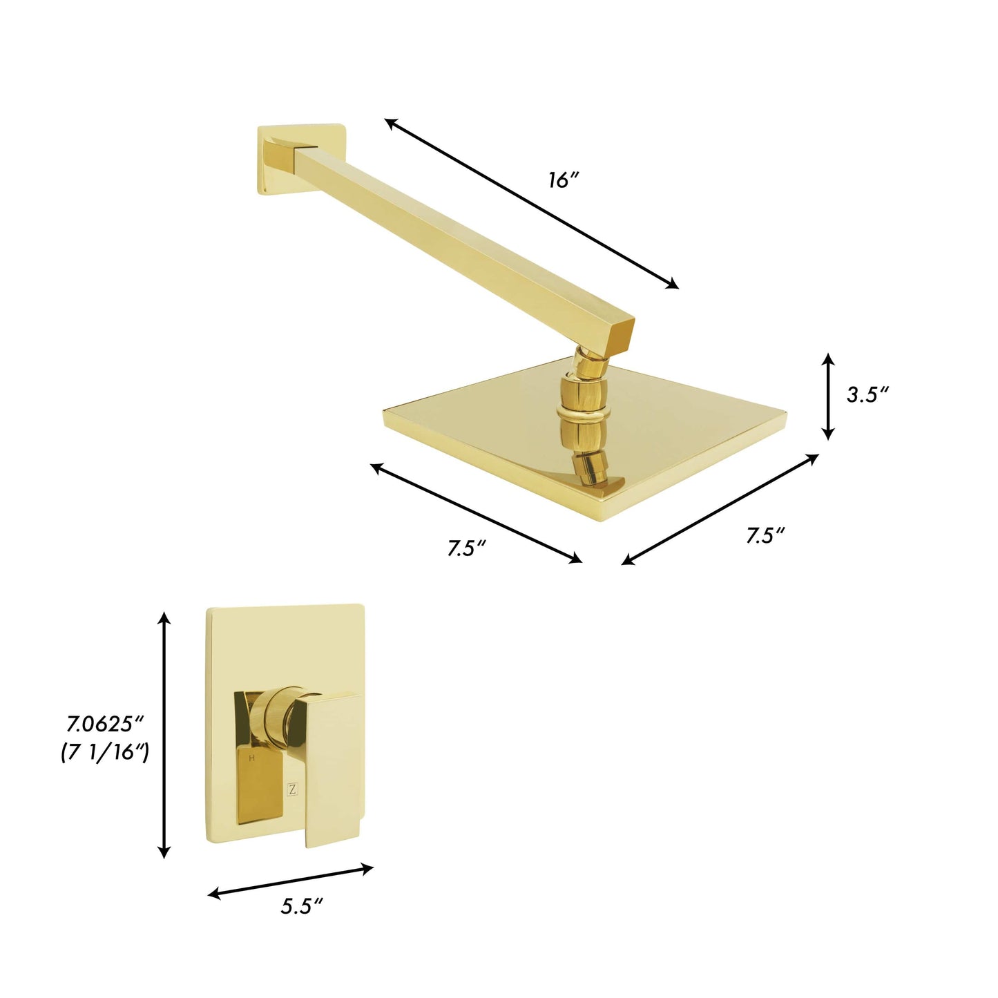 ZLINE Bliss Shower Faucet (BLS-SHF-PG) in polished gold with measurements, showcasing German engineering.
