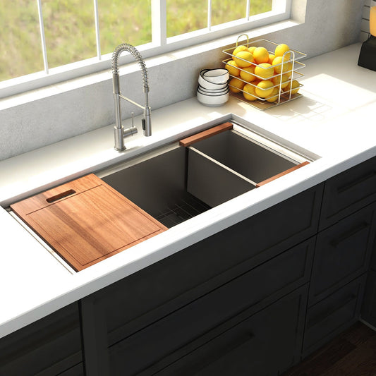 ZLINE Garmisch 33" Undermount Single Bowl Sink in Stainless Steel with Accessories (SLS-33) displayed in a modern kitchen