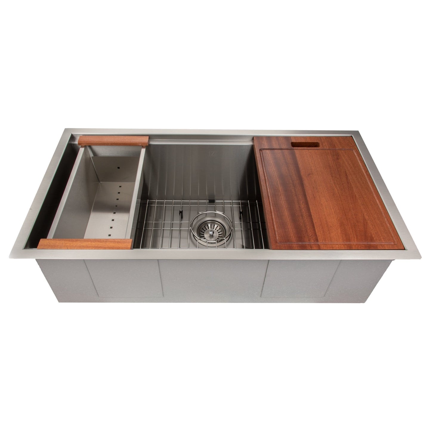 ZLINE Garmisch 33" Undermount Single Bowl Sink in Stainless Steel with Accessories (SLS-33) showcasing workstation design.