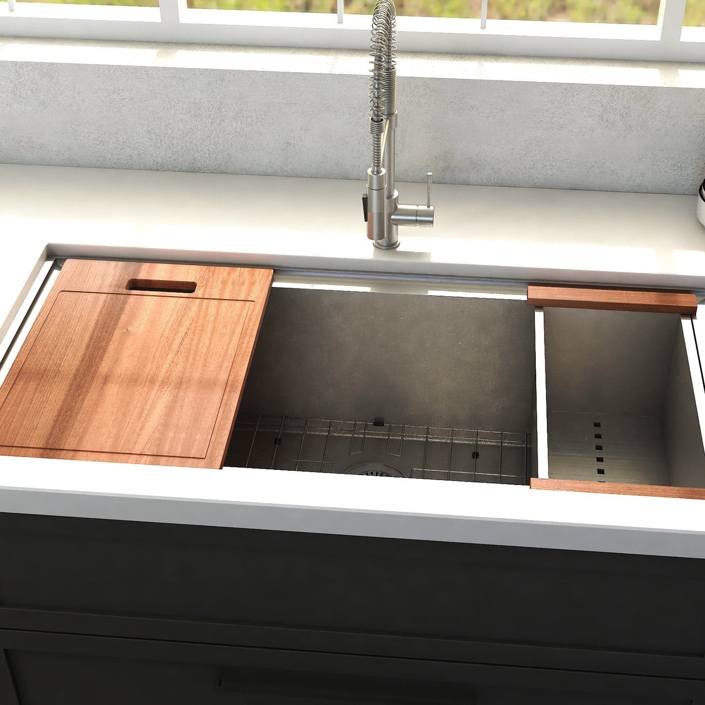 ZLINE Garmisch 33" Undermount Single Bowl Sink in Stainless Steel with Accessories (SLS-33) with wooden cutting boards.