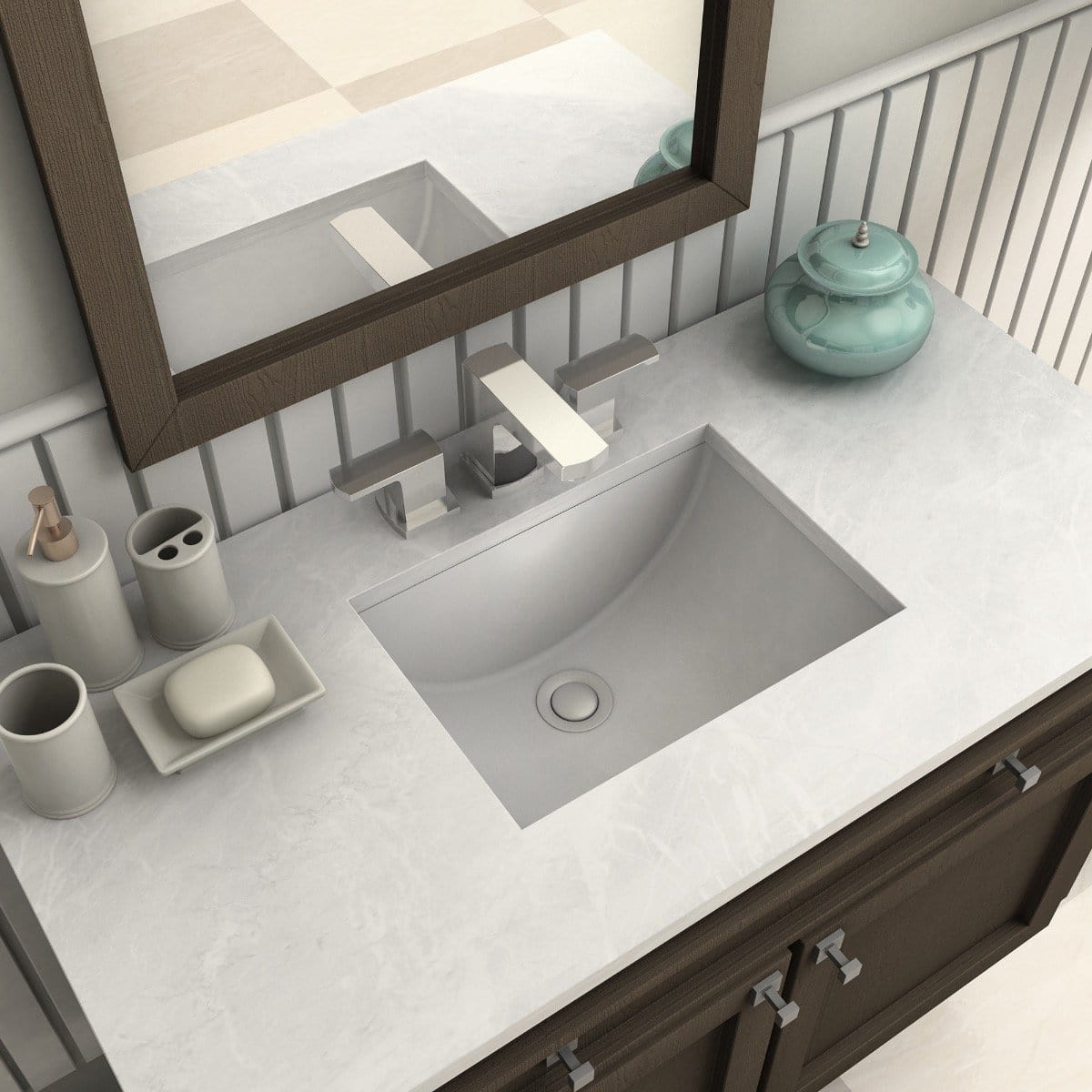 ZLINE Marlette Bath Faucet mounted on a marble countertop with a modern sink and elegant decor.