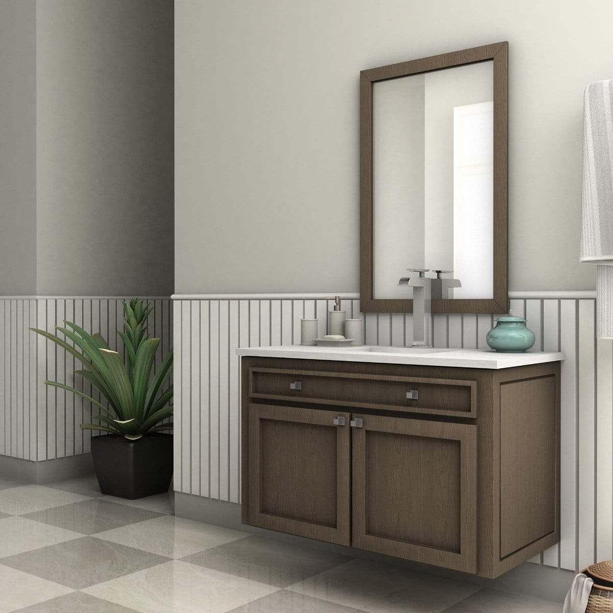 Modern bathroom vanity featuring the ZLINE Eagle Falls Bath Faucet, mirror, and greenery for a serene look.