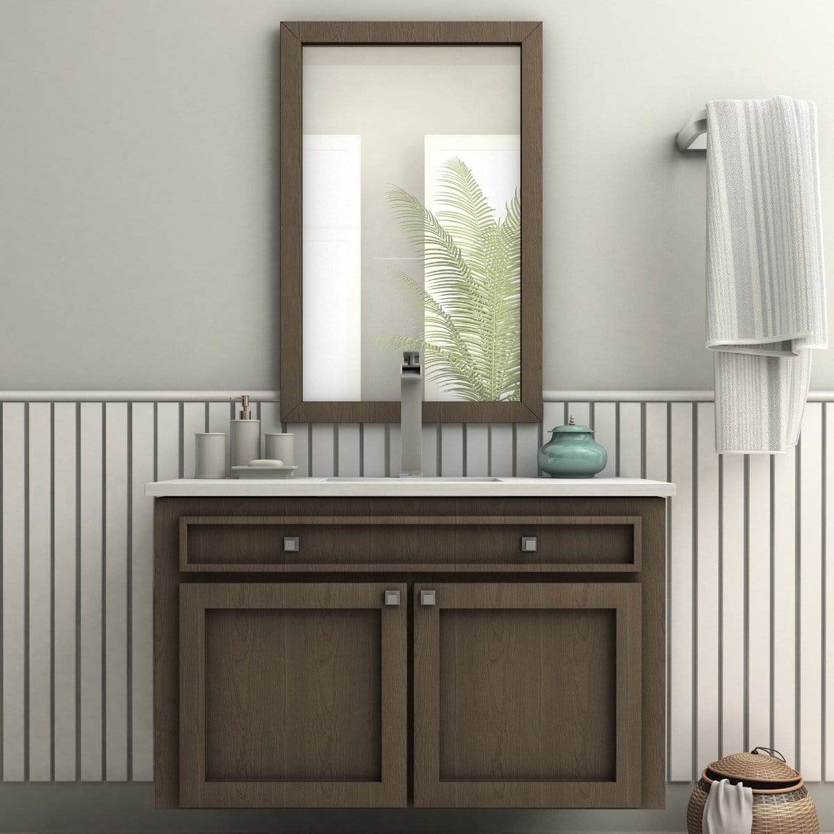 ZLINE Eagle Falls Bath Faucet in a modern bathroom vanity setting with a mirror and decorative items.