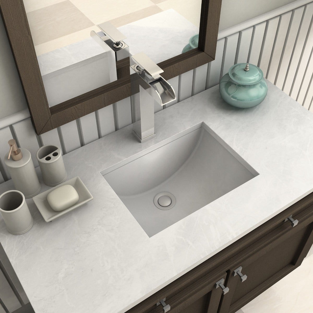 ZLINE Eagle Falls Bath Faucet installed over a sleek white sink in a modern bathroom setting.