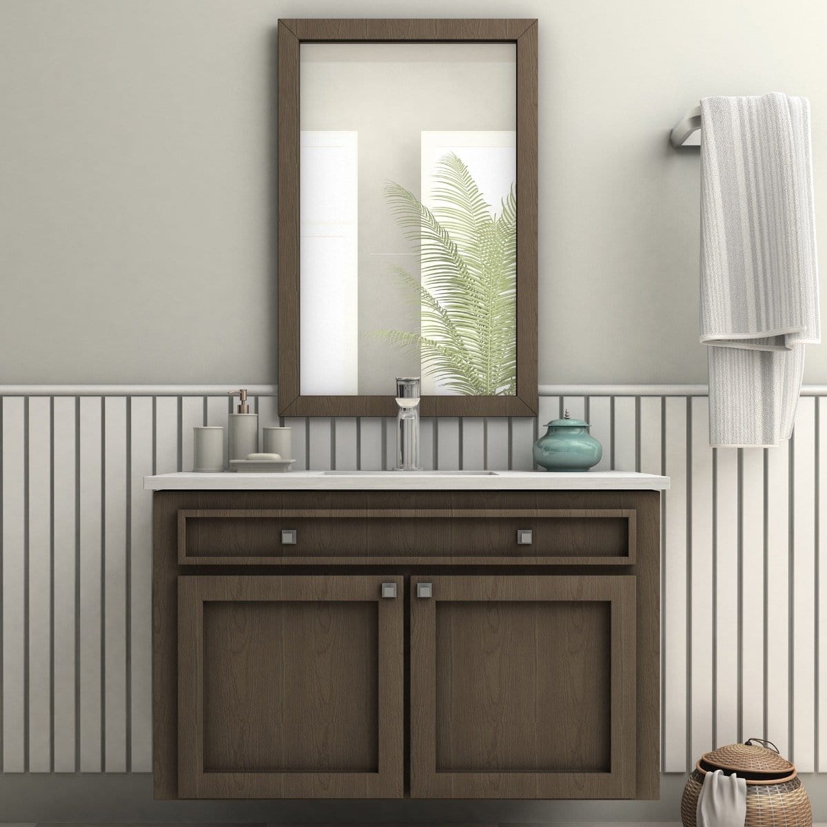 ZLINE Washoe Bath Faucet in Chrome installed in a modern bathroom vanity with natural elements.