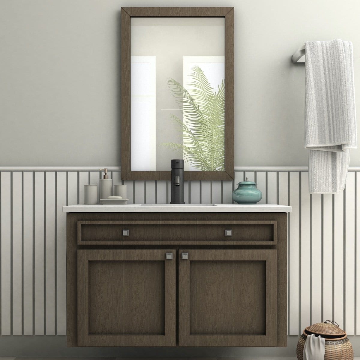 ZLINE Aloha Bath Faucet in Matte Black displayed in a modern bathroom setting with wooden cabinetry and elegant mirror.