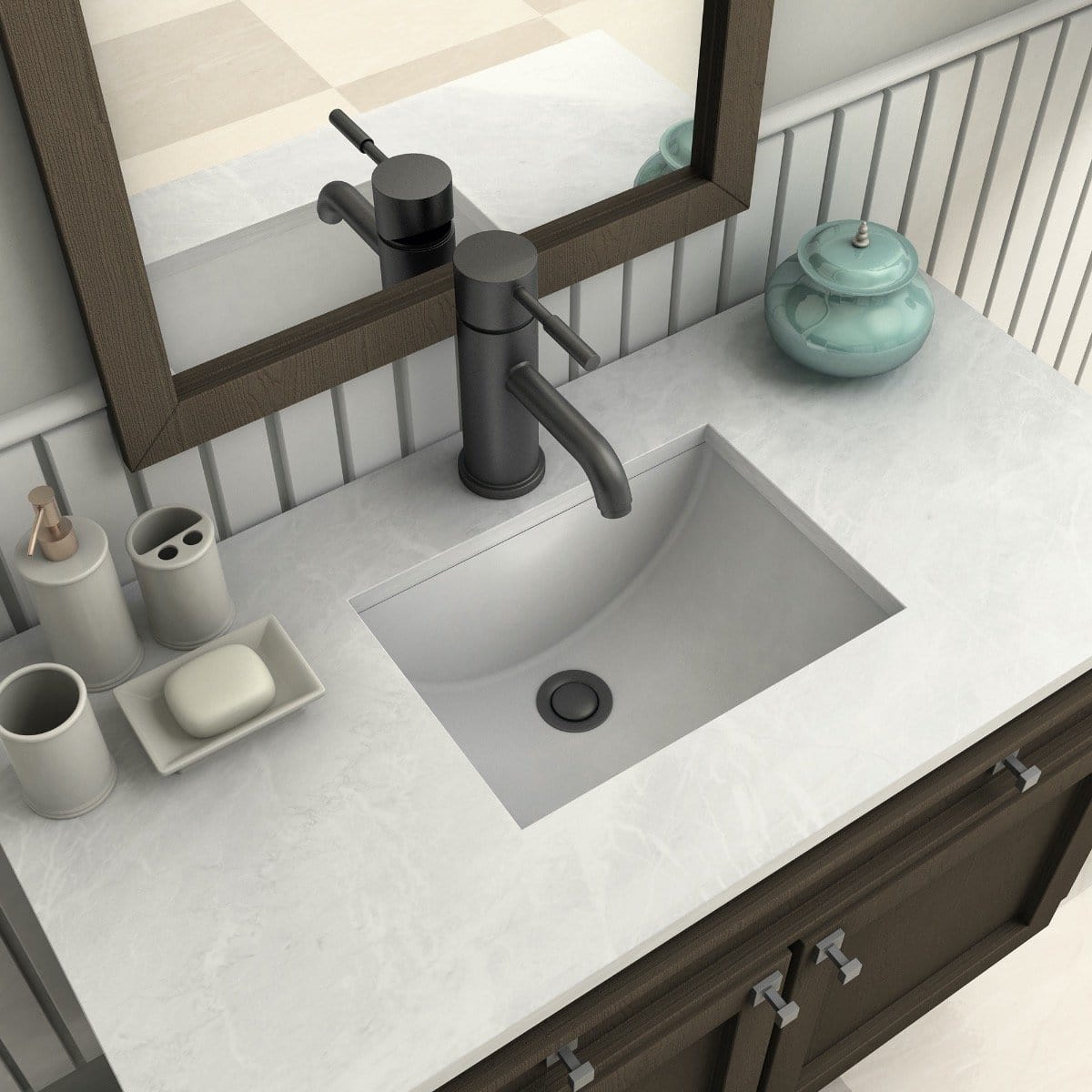 ZLINE Aloha Bath Faucet in Matte Black displayed on a marble countertop with a modern sink and decorative items.