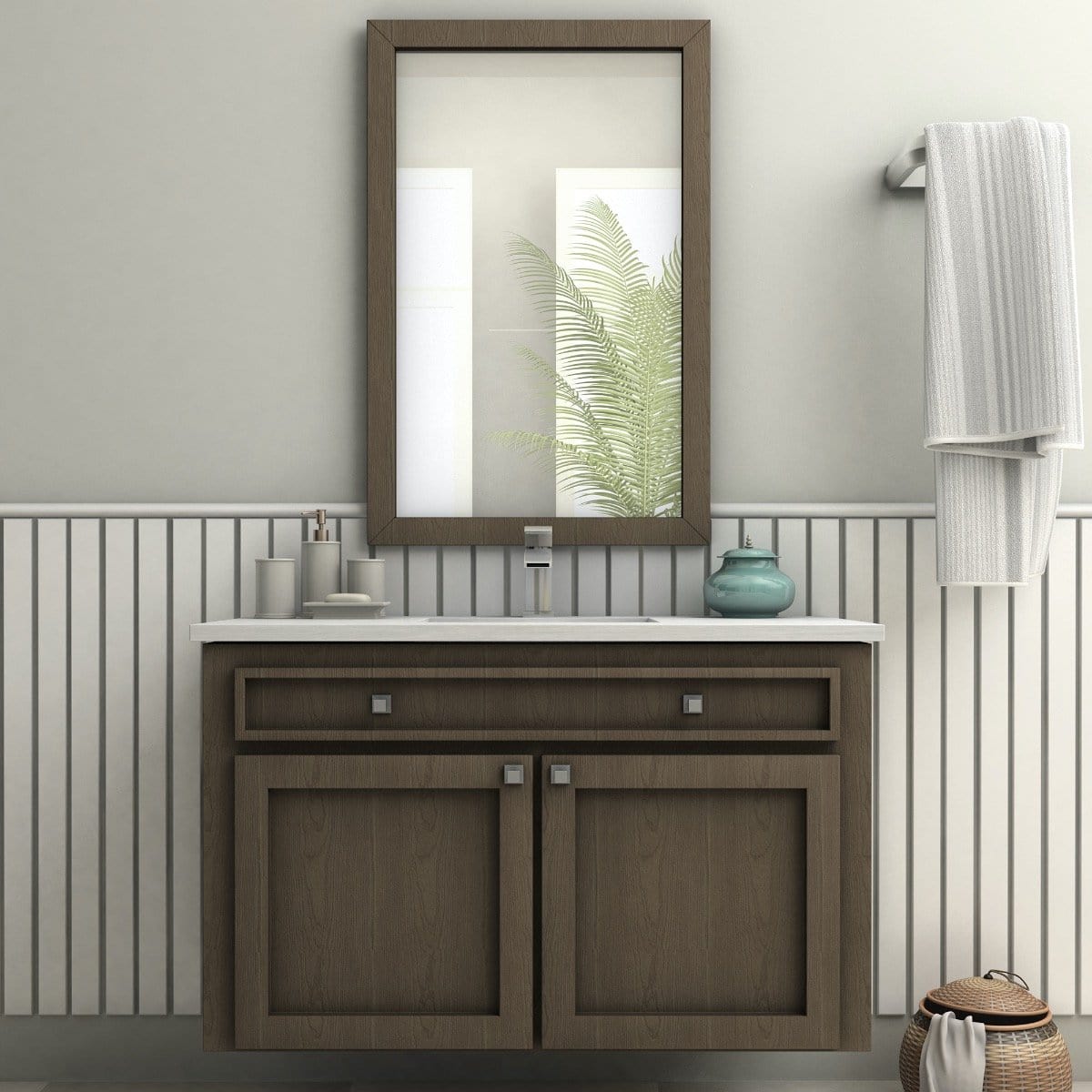 ZLINE Zephyr Bath Faucet in Chrome displayed above a modern bathroom vanity with a mirror and decor.