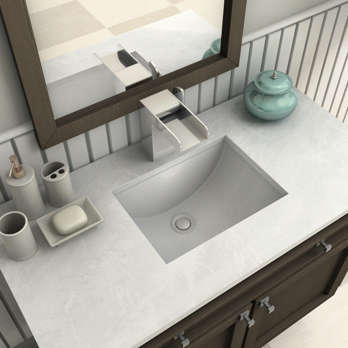 ZLINE Diamond Peak Bath Faucet on a modern vanity with a marble countertop and decorative accessories.