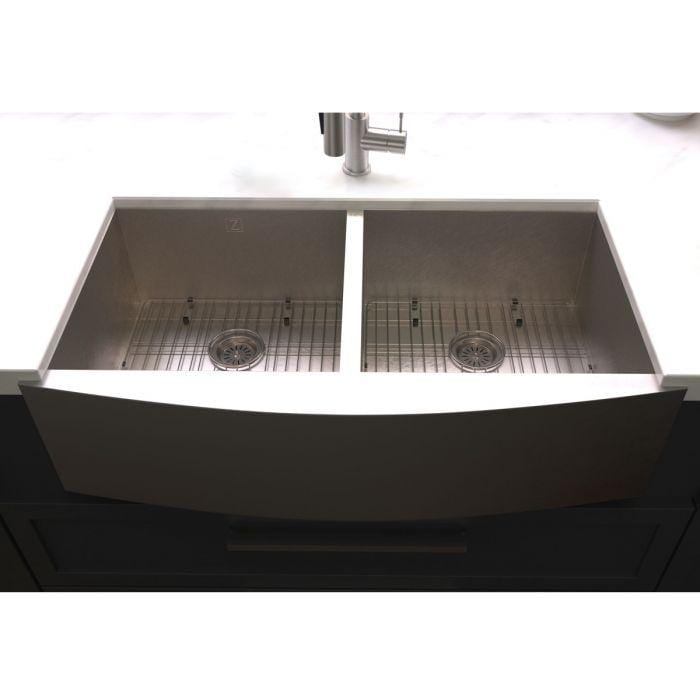 ZLINE Niseko Farmhouse 36" Apron Mount Double Bowl Sink in Satin Stainless Steel (SA50D-36S) with double bowl design.