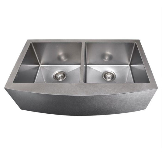 ZLINE Niseko Farmhouse 36" Apron Mount Double Bowl Sink in Satin Stainless Steel (SA50D-36S) top view with dual basins.