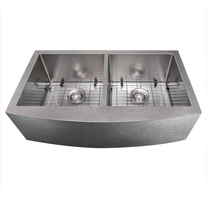 ZLINE Niseko Farmhouse 36" Apron Mount Double Bowl Sink in Satin Stainless Steel (SA50D-36S) top view with drying racks.